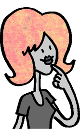 Cartoon woman with pink hair wearing a black shirt, smiling and standing against a simple background.